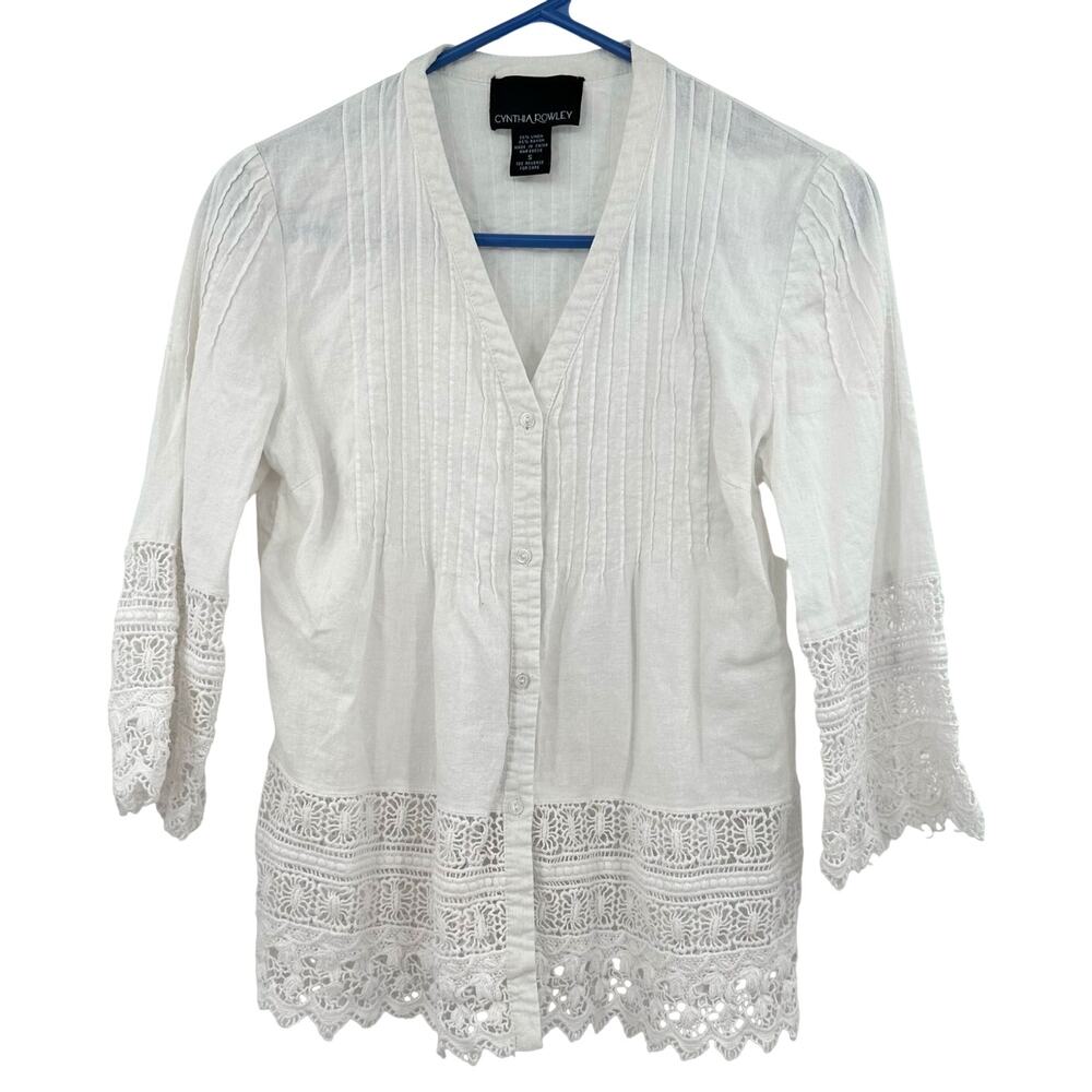 Cynthia Rowley Size Small White Button Up Shirt Blouse Top Linen Blend Crochet